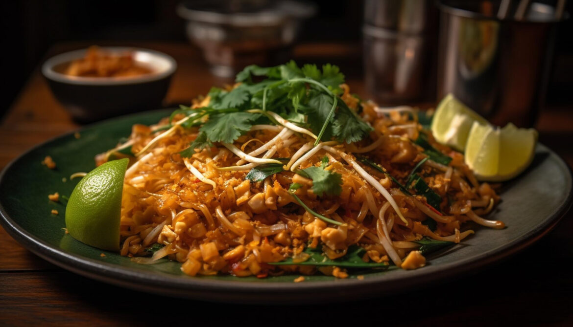 pad thai with rice and beans on it
